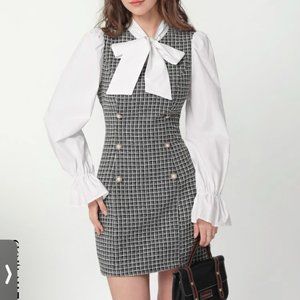 PLAID PRINT TIE NECK FLOUNCE TWEED DRESS SHEIN